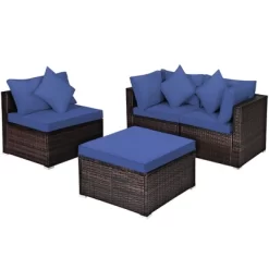 Tangkula 4PCS Rattan Patio Conversation Furniture Set Yard Outdoor W/ Navy Cushion -Tangkula GUEST 30224015 fe80 4139 9457 9bb68b626055