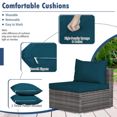 Tangkula Set Of 7 Patio Wicker Furniture Set Outdoor Rattan Sectional Sofa With Seat & Back Cushions 2 Throw Pillows Blue 3 Tangkula Set Of 7 Patio Wicker Furniture Set Outdoor Rattan Sectional Sofa With Seat & Back Cushions 2 Throw Pillows Blue
