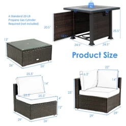 Tangkula 6 Piece Patio Wicker Conversation Set, Outdoor Rattan Sofa Set W/ 32" Propane Fire Pit Table, 50,000 BTU Heat, Tempered Glass Tabletop Black/Navy Blue/Red/Turquoise/Off White -Tangkula GUEST 3159c01e 2401 48f0 a640 0b8a036a87a0