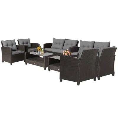 Tangkula Set Of 8 Outdoor Rattan Furniture Set PE Wicker Sectional Sofa With Loveseat Chair & Glass Table Patio Cushioned Conversation Sets Gray 9 Tangkula Set Of 8 Outdoor Rattan Furniture Set PE Wicker Sectional Sofa With Loveseat Chair & Glass Table Patio Cushioned Conversation Sets Gray - Image 7