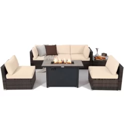 Tangkula 7PCS Patio Rattan Furniture Set Fire Pit Table Cover Cushion Beige -Tangkula GUEST 3227c48c a3f1 4bf9 8231 a37a154f44b1