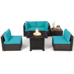 Tangkula 6 Piece Patio Wicker Conversation Set, Outdoor Rattan Sofa Set W/ 32" Propane Fire Pit Table, 50,000 BTU Heat, Tempered Glass Tabletop Black/Navy Blue/Red/Turquoise/Off White -Tangkula GUEST 32430236 d3cd 41a6 b076 e828917cf2d7