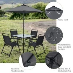Tangkula 6-Piece Patio Dinning Sets Garden Table Set Outdoor Folding Chairs & Glass Table Set W/ Umbrella Grey -Tangkula GUEST 32e55612 4906 4b4f a332 9d477dbed70a