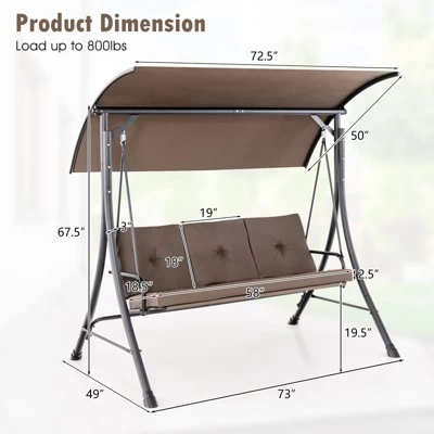 Tangkula 3-Seat Outdoor Porch Swing W/ Adjustable Canopy Thickened Cushions Metal Frame 7 Tangkula 3-Seat Outdoor Porch Swing W/ Adjustable Canopy Thickened Cushions Metal Frame - Image 5