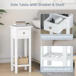 Tangkula Narrow Side Table Small End Table For Small Spaces Farmhouse Acacia Wood Slim Sofa Table Thin Nightstand W/Drawer & Open Shelf White -Tangkula GUEST 332a4048 44cc 43e5 82f1 d7c4b2bd3c16