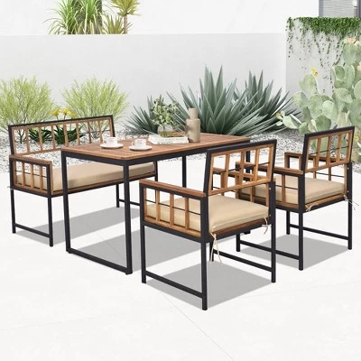 Tangkula 4 Pieces Acacia Wood Patio Dining Set W/ 1 Rectangular Table & 1 Loveseat & 2 Armchairs 5 Tangkula 4 Pieces Acacia Wood Patio Dining Set W/ 1 Rectangular Table & 1 Loveseat & 2 Armchairs - Image 3
