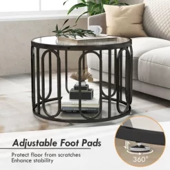Tangkula 2-Tier 24" Round Coffee Table W/ Oval Swivel Brackets & Reeded Tempered Glass -Tangkula GUEST 338f572c 7316 44d4 b9b5 3efbba9b527c
