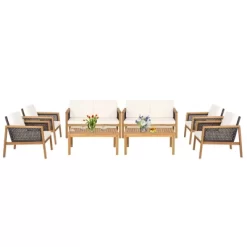 Tangkula 8-Piece Patio Acacia Wood Furniture Set Outdoor PE Rattan Conversation Set With Removable Cushions -Tangkula GUEST 33b643d8 fbd3 4872 8124 08f52fcc8adb