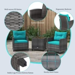 Tangkula 3 Pieces Patio Bistro Set Outdoor PE Rattan Conversation Chair Set With Tempered Glass Side Table And Removable Cushions Turquoise -Tangkula GUEST 35fb1964 52e2 4efe abe0 57e2318875e1