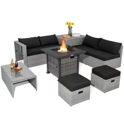 Tangkula 9 Pieces Outdoor Patio Furniture Set W/ 32" Propane Fire Pit Table Sectional Sofa Set W/ Storage Box Black/Gray/Navy/Red/Turquoise/Off White -Tangkula GUEST 360aa7e8 4947 47f3 9833 77ad1a011aec