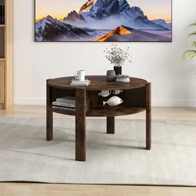 Tangkula Round Coffee Table With 4 Side Compartments 2-Tier Circle Coffee Table 5 Tangkula Round Coffee Table With 4 Side Compartments 2-Tier Circle Coffee Table - Image 3