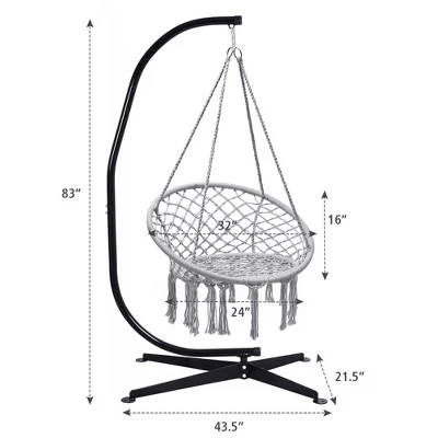 Tangkula Hammock Chair Hanging Cotton Rope Macrame Swing Chair W/ Stand Gray 3 Tangkula Hammock Chair Hanging Cotton Rope Macrame Swing Chair W/ Stand Gray