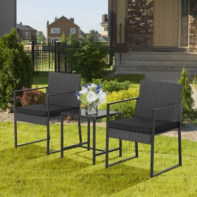 Tangkula 3PCS Patio Rattan PE Wicker Bistro Set Outdoor Furniture Set W/ Table & Cushion 4 Tangkula 3PCS Patio Rattan PE Wicker Bistro Set Outdoor Furniture Set W/ Table & Cushion - Image 2