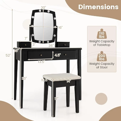 Tangkula Vanity Table Set With Lighted Mirror Adjustable 10 Bulbs Dresser 4 Drawer 10 Tangkula Vanity Table Set With Lighted Mirror Adjustable 10 Bulbs Dresser 4 Drawer - Image 8