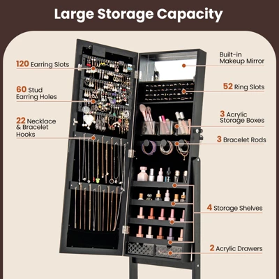 Tangkula Jewelry Armoire Cabinet Standing Lockable Jewelry Organizer With Lighted Full-Length Mirror Black/Rustic Brown/White 7 Tangkula Jewelry Armoire Cabinet Standing Lockable Jewelry Organizer With Lighted Full-Length Mirror Black/Rustic Brown/White - Image 5
