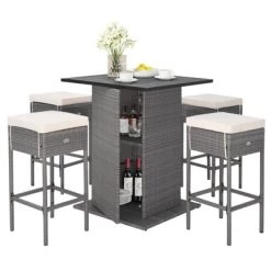 Tangkula 5PCS Wicker Bar Table Set W/ Hidden Storage Shelves Bar Table Stools Patio