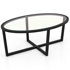 Tangkula Modern Glass Coffee Table W/ Cross Base & Acacia Wood Legs For Small Spaces -Tangkula GUEST 36c172e3 c332 400f bf5c 4105473e67bd