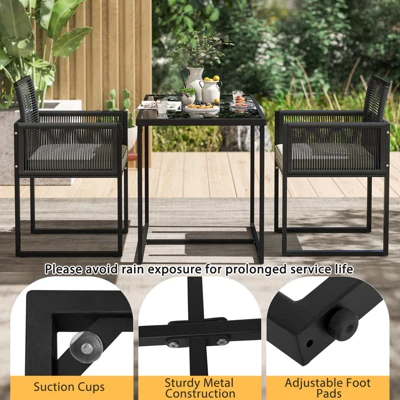 Tangkula 3 Pieces Patio Dining Set Outdoor Space-Saving PE Wicker Bistro Set With Cushions Patio Tempered Glass Top Table And Chairs Set 6 Tangkula 3 Pieces Patio Dining Set Outdoor Space-Saving PE Wicker Bistro Set With Cushions Patio Tempered Glass Top Table And Chairs Set - Image 4