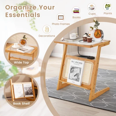 Tangkula 1pc/2pcs Z-shaped Side Table W/ Rattan Shelf Glass Top End Table W/ Magazine Rack Space-saving Sofa Side Bedside Table 8 Tangkula 1pc/2pcs Z-shaped Side Table W/ Rattan Shelf Glass Top End Table W/ Magazine Rack Space-saving Sofa Side Bedside Table - Image 6