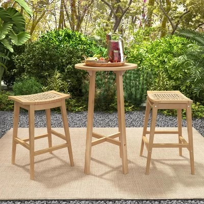 Tangkula 3 Piece Patio Bar Set Round Cocktail Table W/ 2 Rattan Saddle Stools 3 Tangkula 3 Piece Patio Bar Set Round Cocktail Table W/ 2 Rattan Saddle Stools