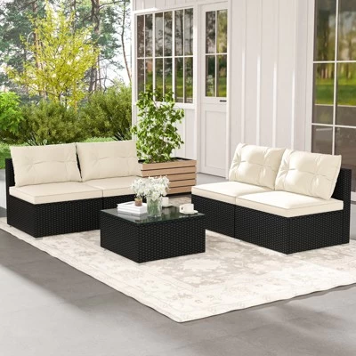 Tangkula 5 Pieces Outdoor Patio Furniture Set Sectional PE Rattan Sofa Set With Cushions And Tempered Glass Coffee Table 5 Tangkula 5 Pieces Outdoor Patio Furniture Set Sectional PE Rattan Sofa Set With Cushions And Tempered Glass Coffee Table - Image 3