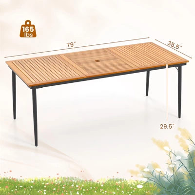Tangkula 8-Person Outdoor Dining Table 79 Inch Acacia Wood Patio Table With Umbrella Hole Metal Legs & Adjustable Foot Pads 10 Tangkula 8-Person Outdoor Dining Table 79 Inch Acacia Wood Patio Table With Umbrella Hole Metal Legs & Adjustable Foot Pads - Image 8