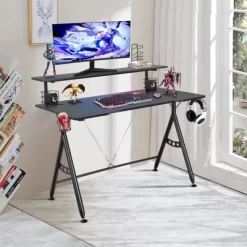Tangkula Gaming Desk Dual Monitor Mount Ergonomic Y Shaped Computer Desk W/Cup Holder Headphone Hook