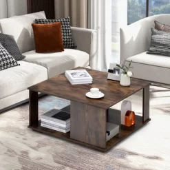 Tangkula 2-Tier Square Coffee Table W/ Storage Industrial Center Table For Living Room