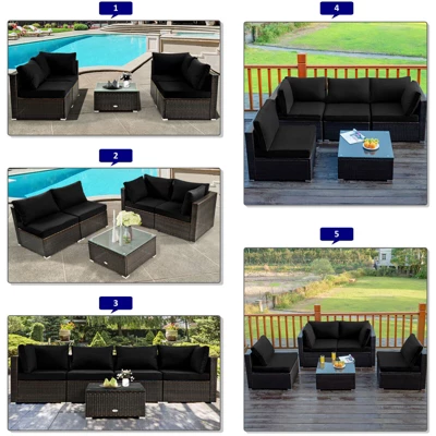 Tangkula 6 PCS Patio Wicker Furniture Set With 30" Gas Fire Pit Table 50,000 BTU Black/Red/Turquoise/Navy/White Cushions 7 Tangkula 6 PCS Patio Wicker Furniture Set With 30" Gas Fire Pit Table 50,000 BTU Black/Red/Turquoise/Navy/White Cushions - Image 5