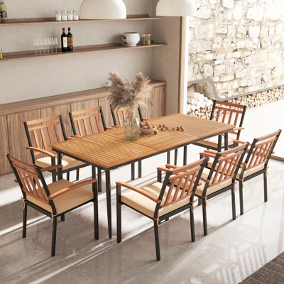 Tangkula 8-Person Outdoor Dining Table 79 Inch Acacia Wood Patio Table With Umbrella Hole Metal Legs & Adjustable Foot Pads 3 Tangkula 8-Person Outdoor Dining Table 79 Inch Acacia Wood Patio Table With Umbrella Hole Metal Legs & Adjustable Foot Pads