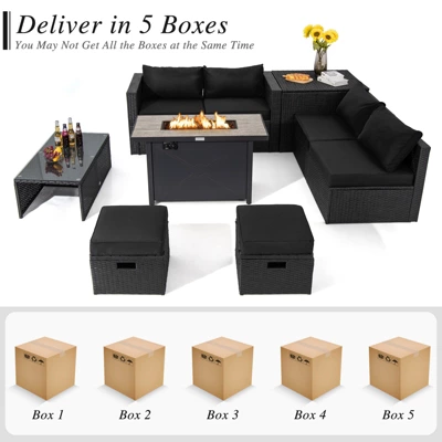 Tangkula 9 PCS Outdoor PE Rattan Wicker Sectional Sofa With 42" 60,000 BTU Gas Fire Pit Table Space-Saving Conversation Set With Storage Box Black 10 Tangkula 9 PCS Outdoor PE Rattan Wicker Sectional Sofa With 42" 60,000 BTU Gas Fire Pit Table Space-Saving Conversation Set With Storage Box Black - Image 8
