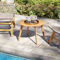 Tangkula Outdoor Acacia Wood Side Table Patio 24.5" Round End Table W/ Slatted Tabletop -Tangkula GUEST 390fee48 bfa7 4acf 8cce f4fd8ff4b17c 1