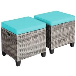 Tangkula Set Of 2 Outdoor Rattan Cushioned Ottoman Seat All Weather Patio Footrest Red/Turquoise -Tangkula GUEST 3972a90e 16bb 4917 8017 54e433bc2ff8