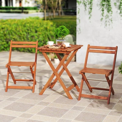 Tangkula 3 PCS Outdoor Wood Bistro Set W/ 2 Folding Chairs & Dining Table For Backyard 4 Tangkula 3 PCS Outdoor Wood Bistro Set W/ 2 Folding Chairs & Dining Table For Backyard - Image 2