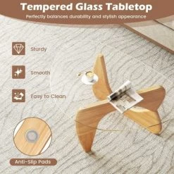 Tangkula Triangle Coffee Table W/ Tempered Glass Top & Adjustable Rubber Wood Base -Tangkula GUEST 3a060fdd 1a50 4c8b 834a 34c6b97b1b9d
