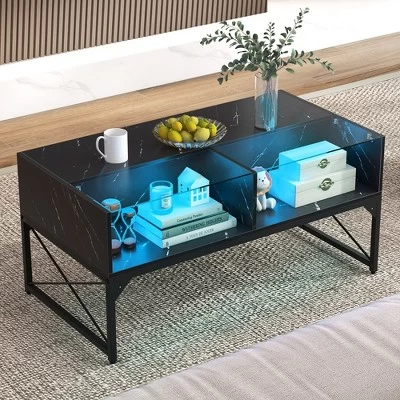 Tangkula High-gloss LED Coffee Table W/ Faux Marble & Tempered Glass Top 4 Storage Cubes 3 Tangkula High-gloss LED Coffee Table W/ Faux Marble & Tempered Glass Top 4 Storage Cubes