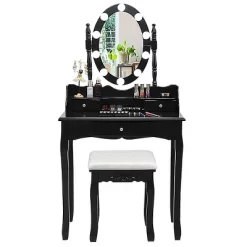 Tangkula Mirrored Vanity Table Set Lighted Makeup Dresser W/ Drawers