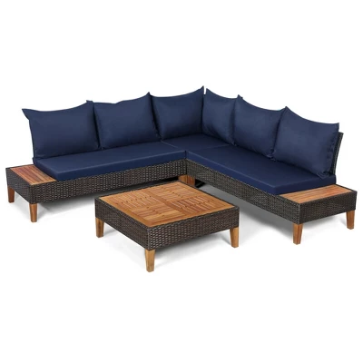 Tangkula 4PCS Acacia Wood Patio Furniture Set Rattan Conversation Set W/ Navy Cushions 7 Tangkula 4PCS Acacia Wood Patio Furniture Set Rattan Conversation Set W/ Navy Cushions - Image 5