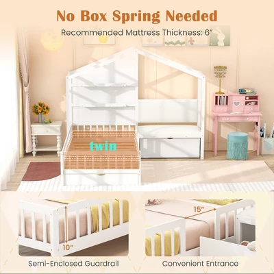 Tangkula Twin Size House Bed Kids Platform Bed W/ Padded Bench & Floating Shelves 7 Tangkula Twin Size House Bed Kids Platform Bed W/ Padded Bench & Floating Shelves - Image 5