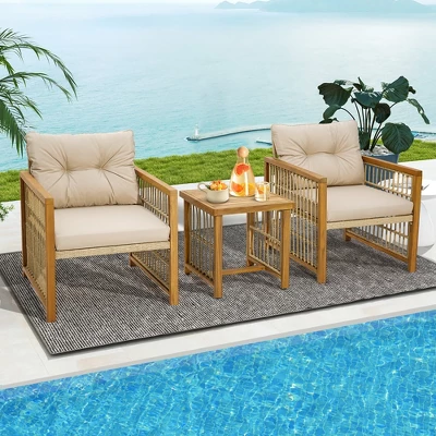 Tangkula 3PCS Patio Acacia Wood PE Wicker Furniture Set W/ Soft Seat & Back Cushions 3 Tangkula 3PCS Patio Acacia Wood PE Wicker Furniture Set W/ Soft Seat & Back Cushions