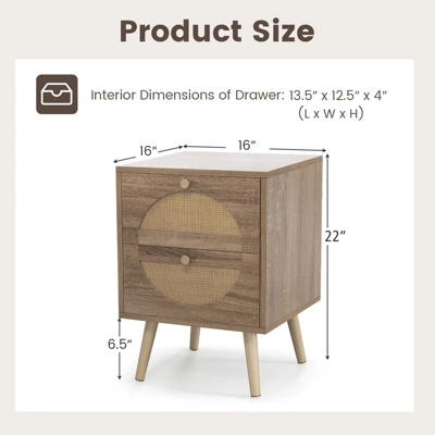 Tangkula Rattan Nightstand Set Of 2 End Side Table With 2 Rattan Drawers Pine Wood Legs Wood Accent Table 10 Tangkula Rattan Nightstand Set Of 2 End Side Table With 2 Rattan Drawers Pine Wood Legs Wood Accent Table - Image 8