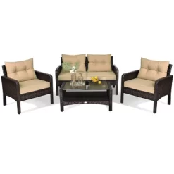 Tangkula 4 Pieces Patio Conversation Set Rattan Wicker Loveseat Sofa Coffee Table & Glass Top