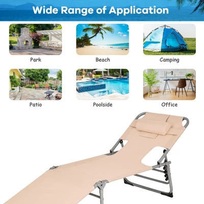 Tangkula Portable Beach Chaise Lounge Chair Folding Reclining Chair W/ Facing Hole Beige 9 Tangkula Portable Beach Chaise Lounge Chair Folding Reclining Chair W/ Facing Hole Beige - Image 7