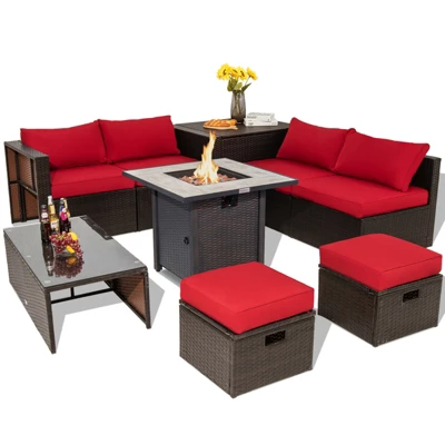 Tangkula 9 PCS Outdoor Patio Furniture Set W/ 30" Propane Fire Pit Table PE Wicker Space-Saving Sectional Sofa W/ Storage Box And Cushions Black/Gray/Navy/Red/Turquoise/Off White 15 Tangkula 9 PCS Outdoor Patio Furniture Set W/ 30" Propane Fire Pit Table PE Wicker Space-Saving Sectional Sofa W/ Storage Box And Cushions Black/Gray/Navy/Red/Turquoise/Off White - Image 13
