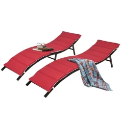 Tangkula 2PCS Outdoor Patio Rattan Wicker Lounge Chair Chaise Folding W/ Reversible Cushions Red & White -Tangkula GUEST 403273d9 2355 46e9 8a83 a3a95578d9f0