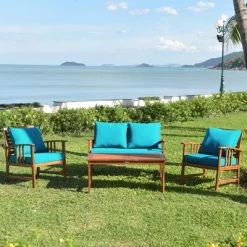 Tangkula 8pcs Wooden Patio Furniture Set Table & Sectional Sofa W/ Turquoise Cushion
