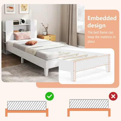 Tangkula Twin Size Bed Frame Wooden Platform Bed Kids Bed Frame W/ Bookcase Headboard 9 Tangkula Twin Size Bed Frame Wooden Platform Bed Kids Bed Frame W/ Bookcase Headboard - Image 7