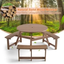 Tangkula 6-Person Outdoor Wooden Picnic Table W/ 3 Benches & Solid Wood Table, Circular Outdoor Dining Table W/ Umbrella Hole -Tangkula GUEST 42143e10 3558 4303 aa9c a9beec402428