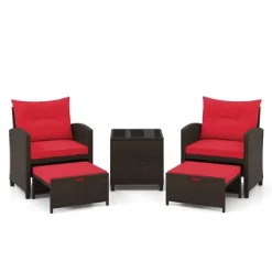 Tangkula Set Of 5 Rattan Furniture W/ 2 Wicker Ottomans & Tempered Glass Coffee Table Patio Red -Tangkula GUEST 42627eb1 7fd4 47d1 b85f 0fc068d0c4ca