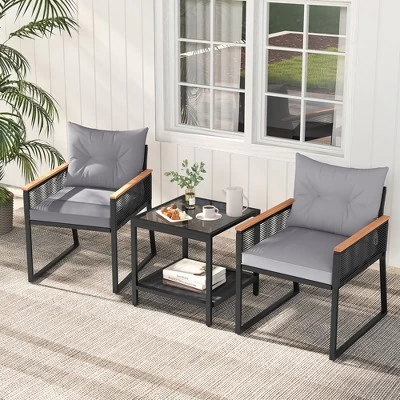 Tangkula 3 PCS Patio Furniture Set PE Rattan Wicker Chairs W/ 2 Tier Coffee Table Soft Back 3 Tangkula 3 PCS Patio Furniture Set PE Rattan Wicker Chairs W/ 2 Tier Coffee Table Soft Back